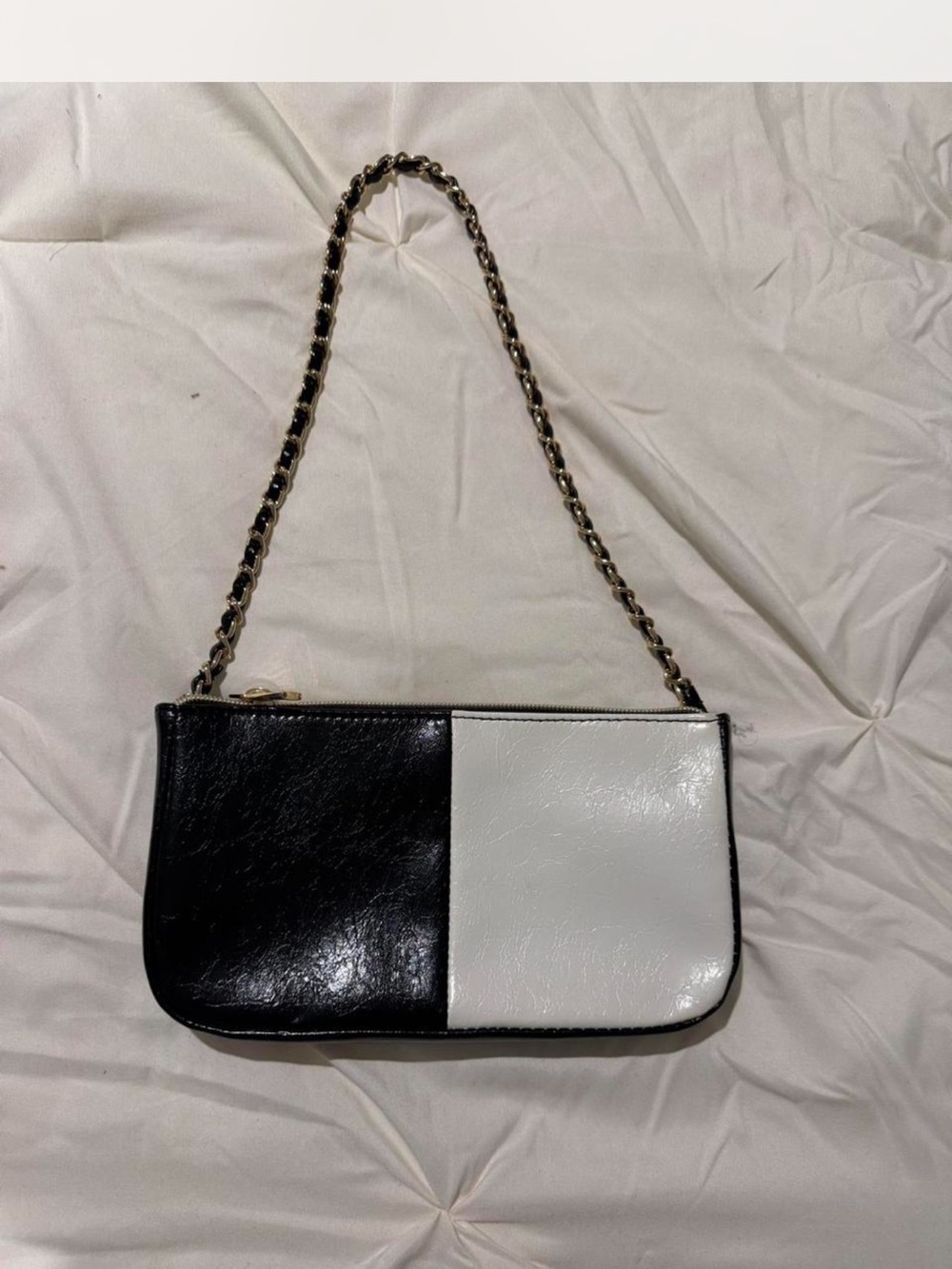 Black & White Patent Leather Shoulder Bag with Chain Strap
